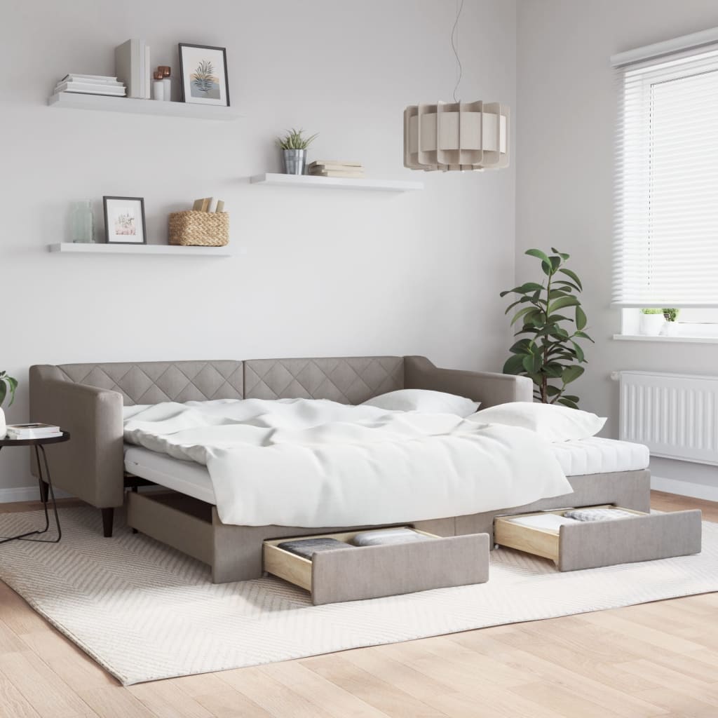 Daybed Stof Gråbrun - med udtræk og skuffe og madras / 100 x 200 cm