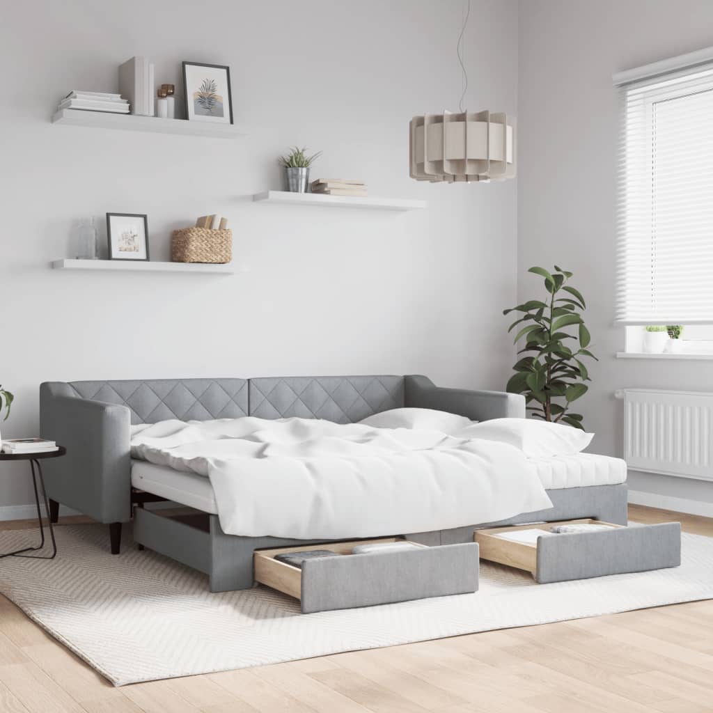 Daybed Stof Lysegrå - med udtræk og skuffe og madras / 90 x 190 cm