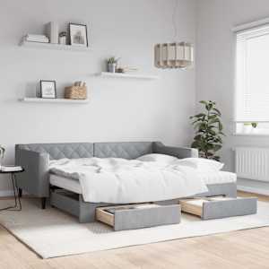 Izvlečna dnevna postelja s predali svetlo siva 90x190 cm blago