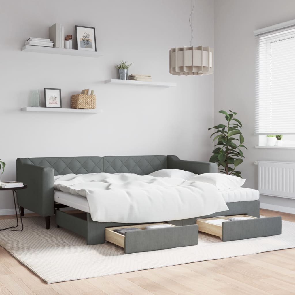 Daybed Stof Mørkegrå - med udtræk og skuffe og madras / 90 x 190 cm