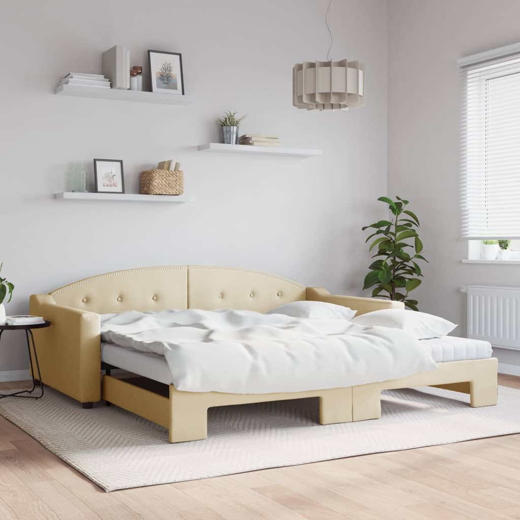 Daybed Stof Farvet Creme - med udtræk og madras / 100 x 200 cm