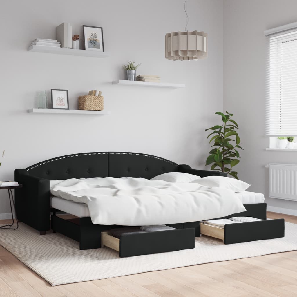 Daybed Stof Sort - med udtræk og skuffe og madras / 80 x 200 cm