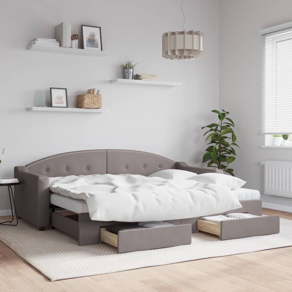 Daybed Stof Gråbrun - med udtræk og skuffe og madras / 80 x 200 cm