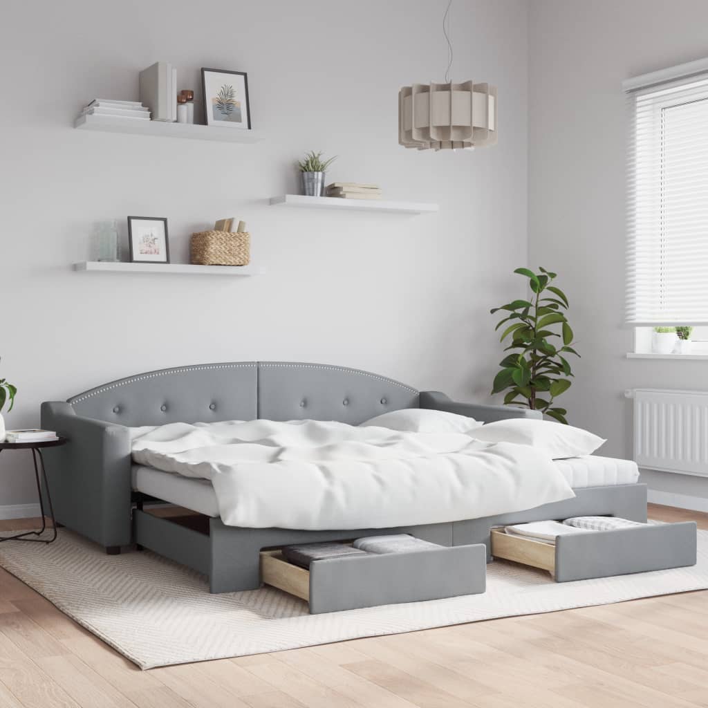Daybed Stof Lysegrå - med udtræk og skuffe og madras / 90 x 200 cm