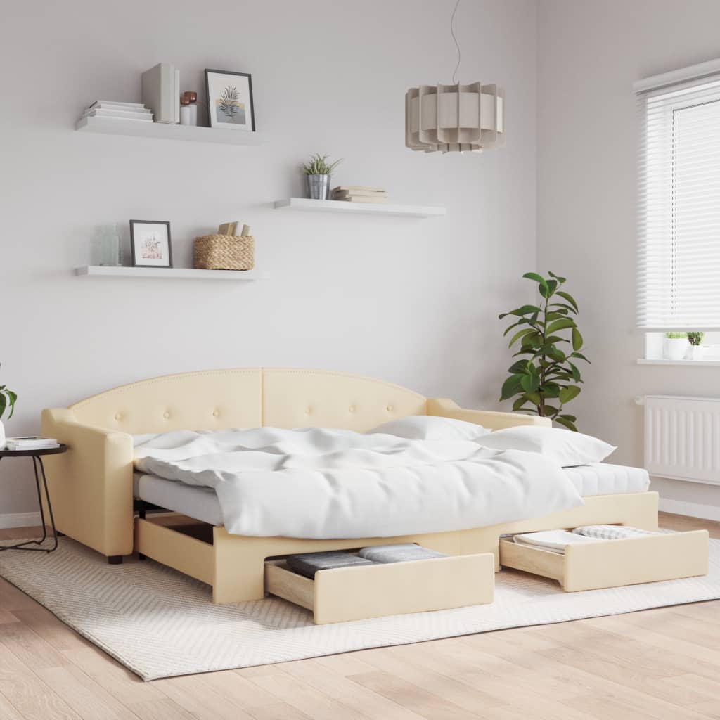 Daybed Stof Farvet Creme - med udtræk og skuffe og madras / 90 x 200 cm