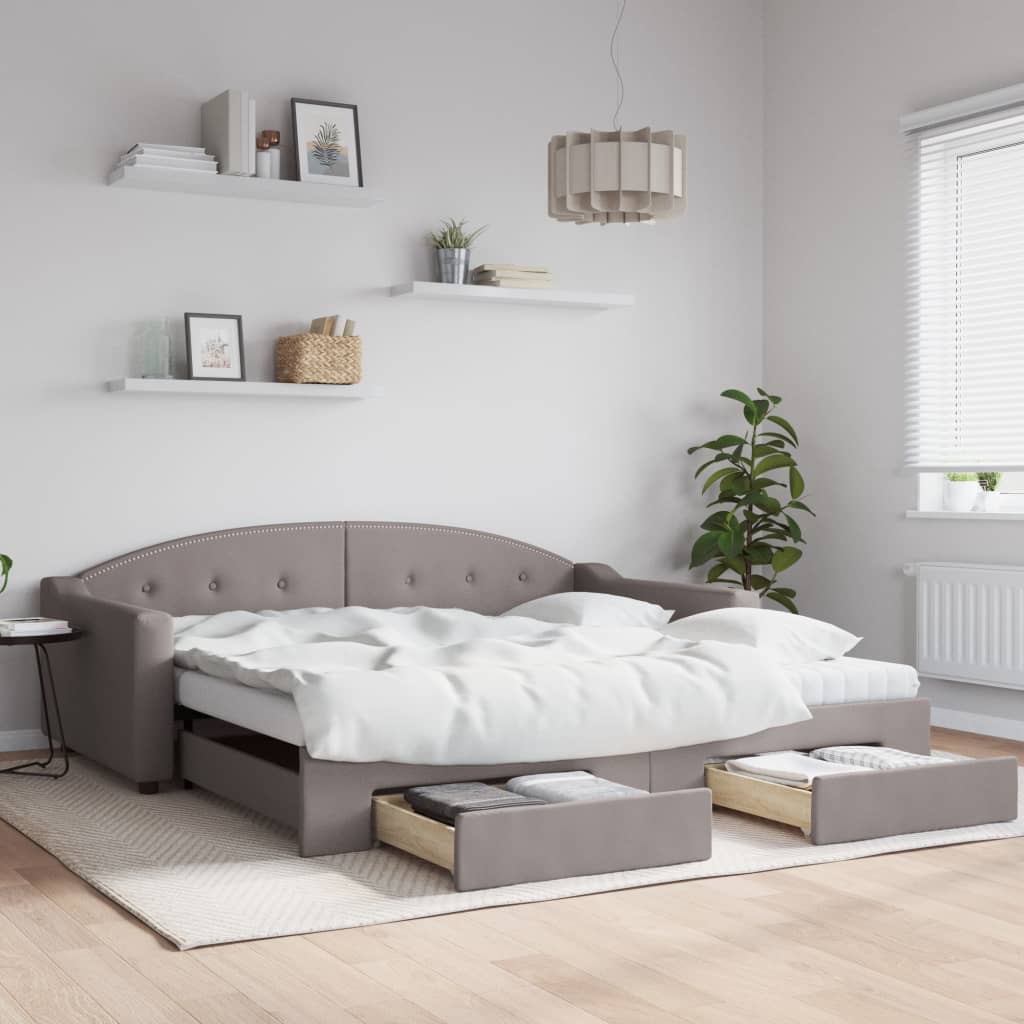 Daybed Stof Gråbrun - med udtræk og skuffe og madras / 100 x 200 cm