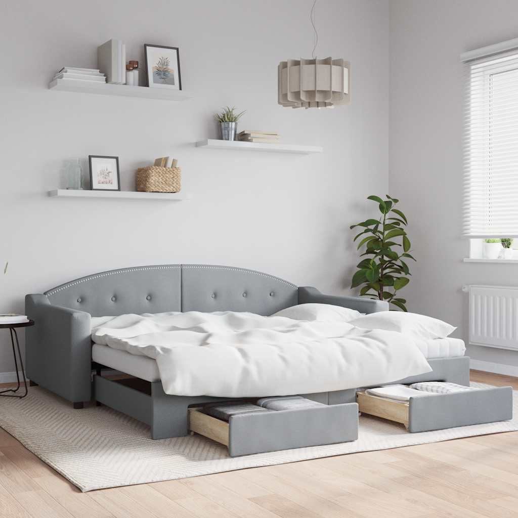 vidaXL Tagesbett Ausziehbar mit Schubladen Hellgrau 100×190 cm Stoff