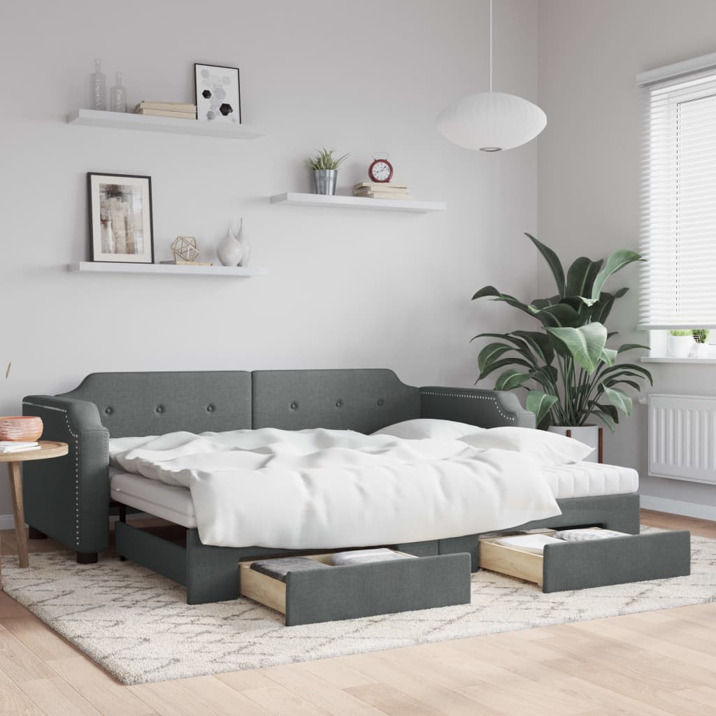 Daybed Stof Mørkegrå - med udtræk og skuffe og madras / 80 x 200 cm