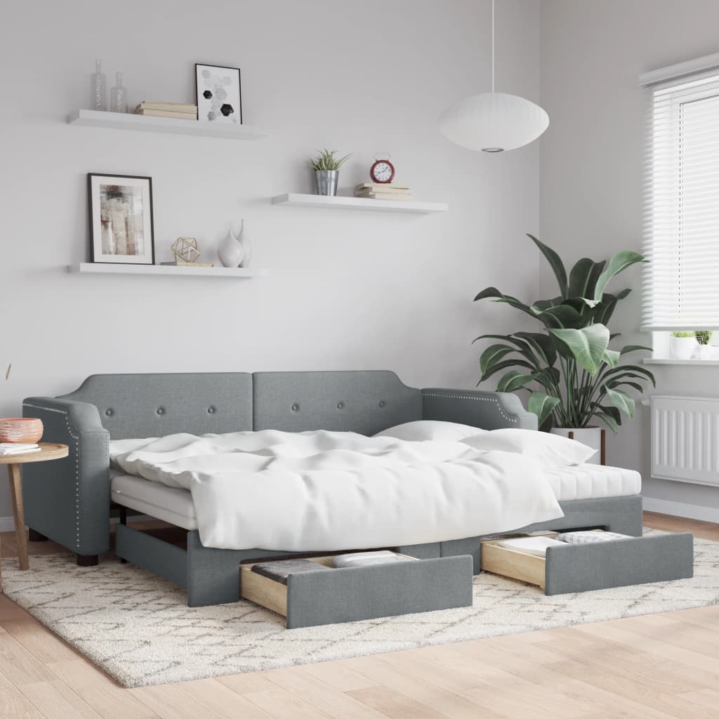 Daybed Stof Lysegrå - med udtræk og skuffe og madras / 90 x 200 cm
