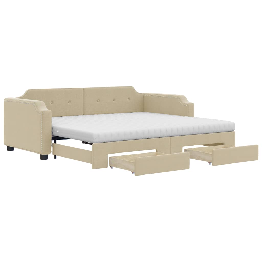 vidaXL Slaapbank met onderschuifbed en lades 90x200 cm stof crèmekleur, foto 3