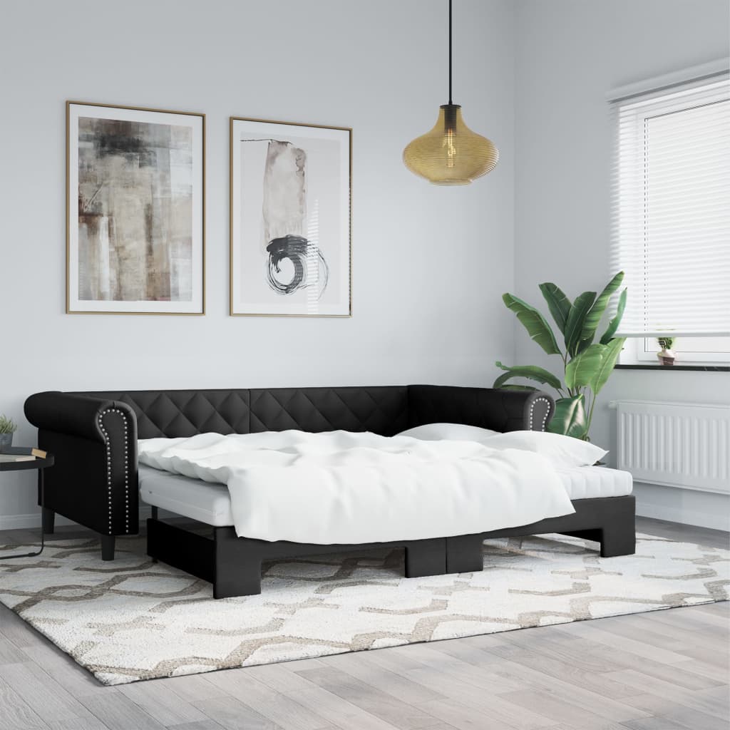 Tagesbett Ausziehbar mit Matratzen Schwarz 90×200 cm Kunstleder