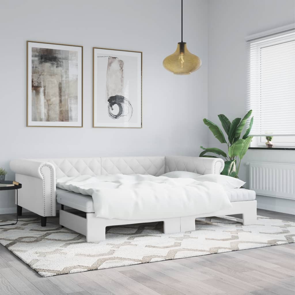 Tagesbett Ausziehbar mit Matratzen Weiß 90×200 cm Kunstleder