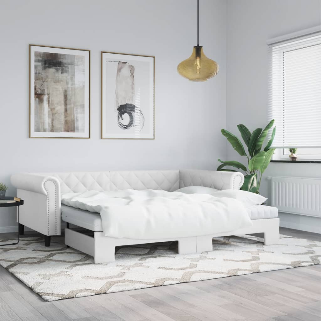 vidaXL daybed med udtræk og madrasser 90x200 cm kunstlæder hvid