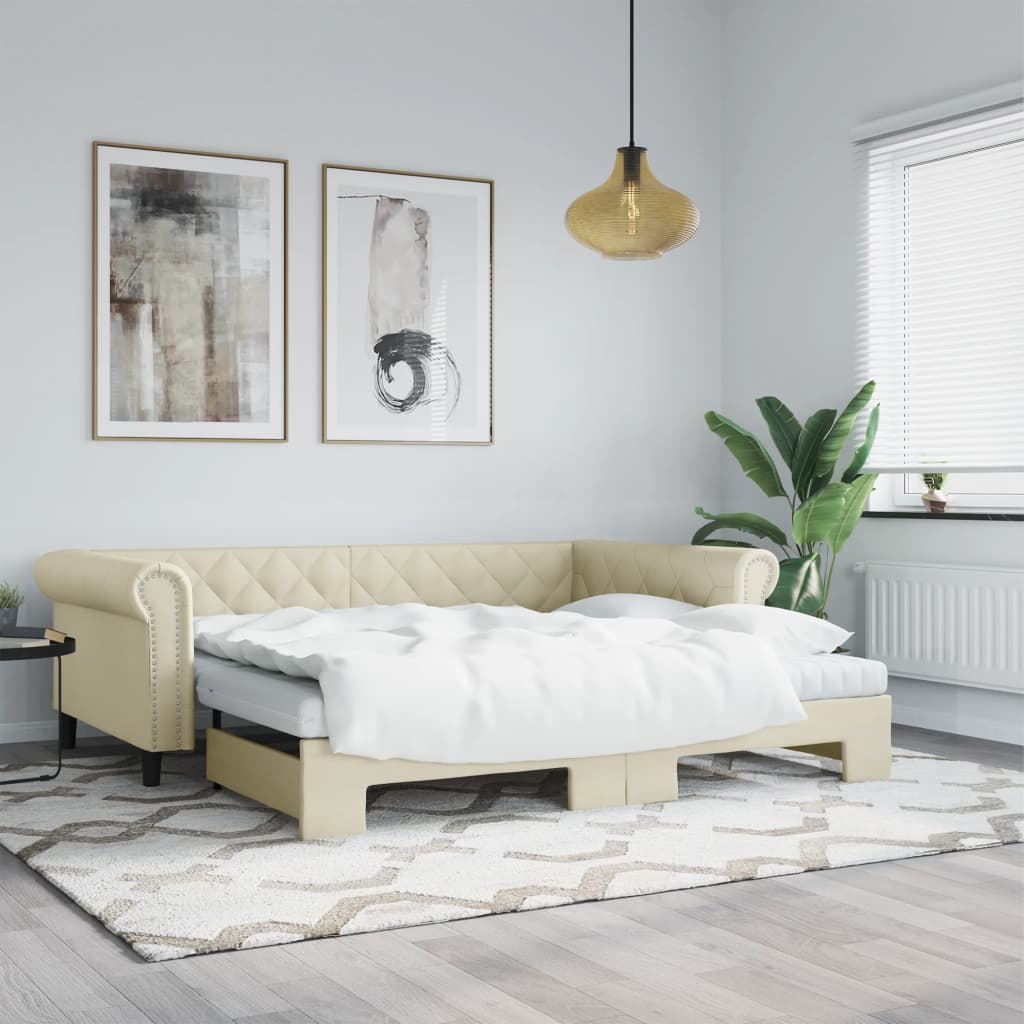 vidaXL daybed med udtræk og madrasser 90x200 cm kunstlæder cremefarvet