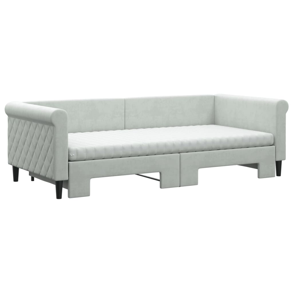 vidaXL Slaapbank onderschuifbed matrassen 90x200 cm fluweel lichtgrijs afbeelding