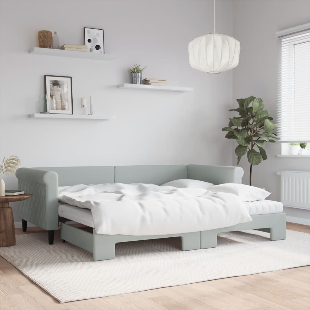 Daybed med udtræk og 2 madrasser 90 x 200 cm i velour - lysegrå