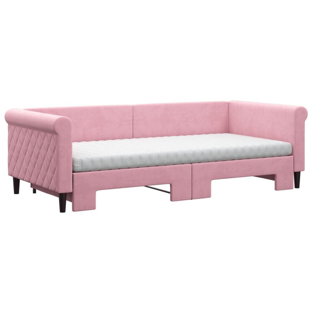 vidaXL Slaapbank onderschuifbed en matrassen 90x200 cm fluweel roze afbeelding