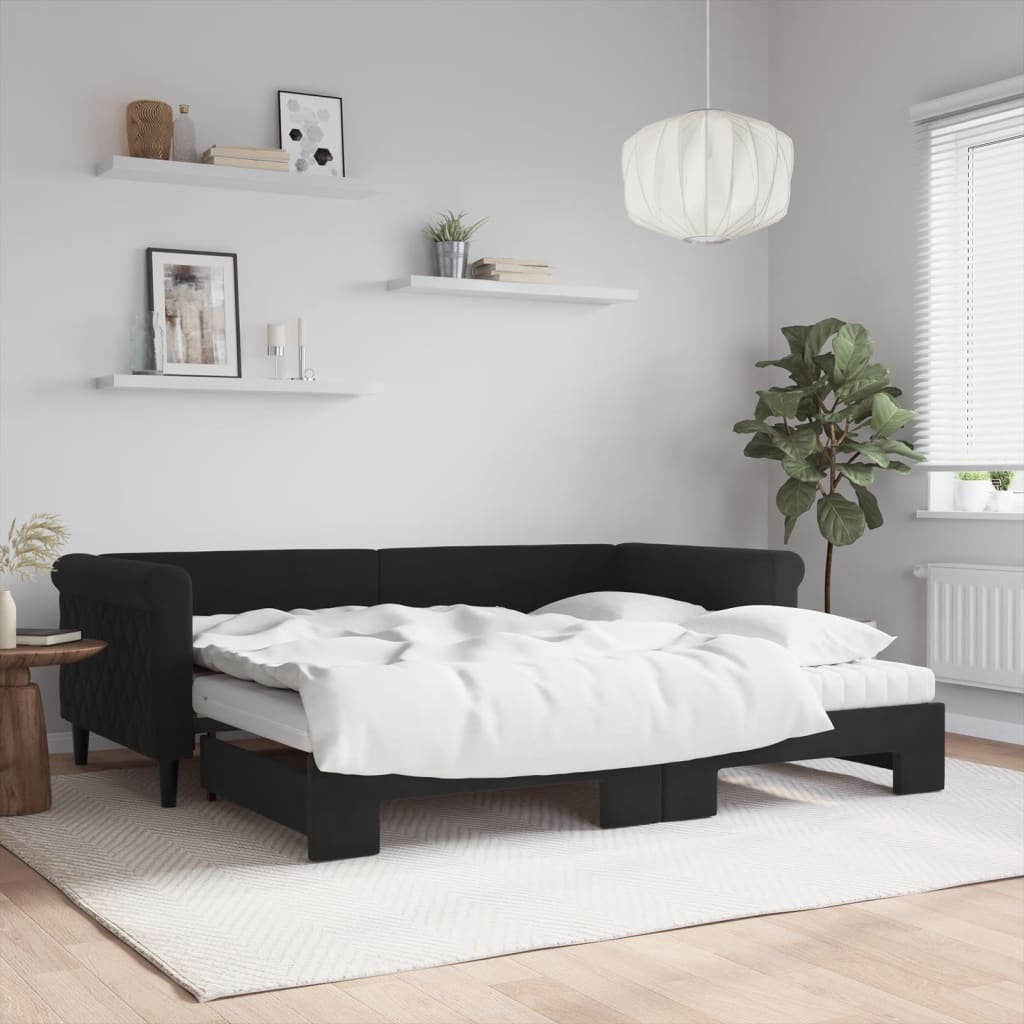 Daybed med udtræk og 2 madrasser 90 x 200 cm - sort velour