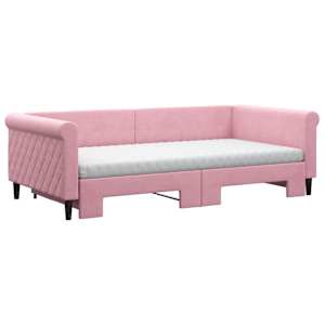 vidaXL Slaapbank onderschuifbed en matrassen 100x200 cm fluweel roze