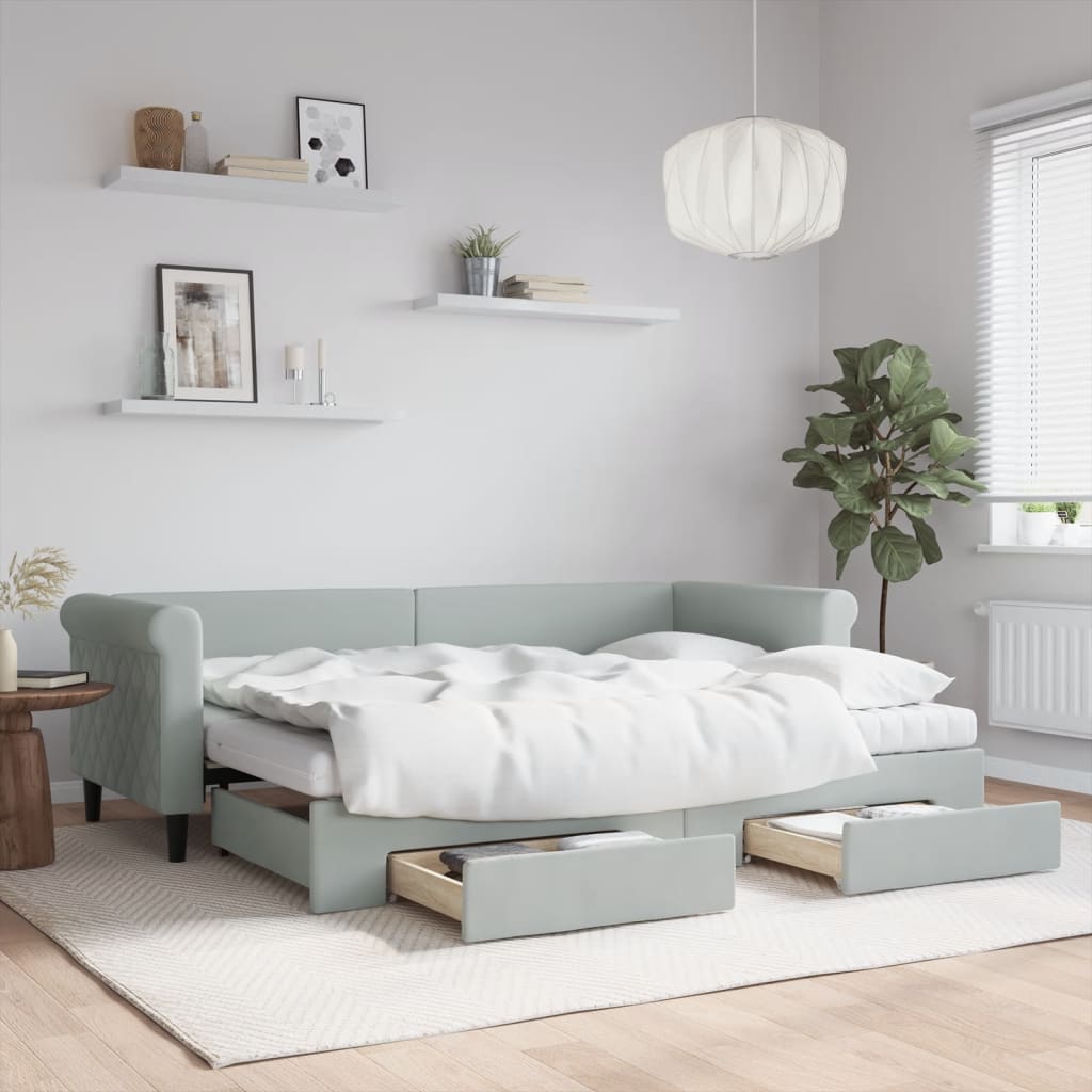 Daybed Velour Lysegrå - med udtræk og skuffe og madras / 80 x 200 cm
