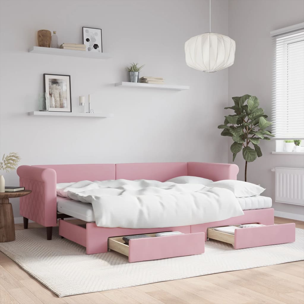 vidaXL daybed med udtræk og skuffer 80x200 cm velour lyserød