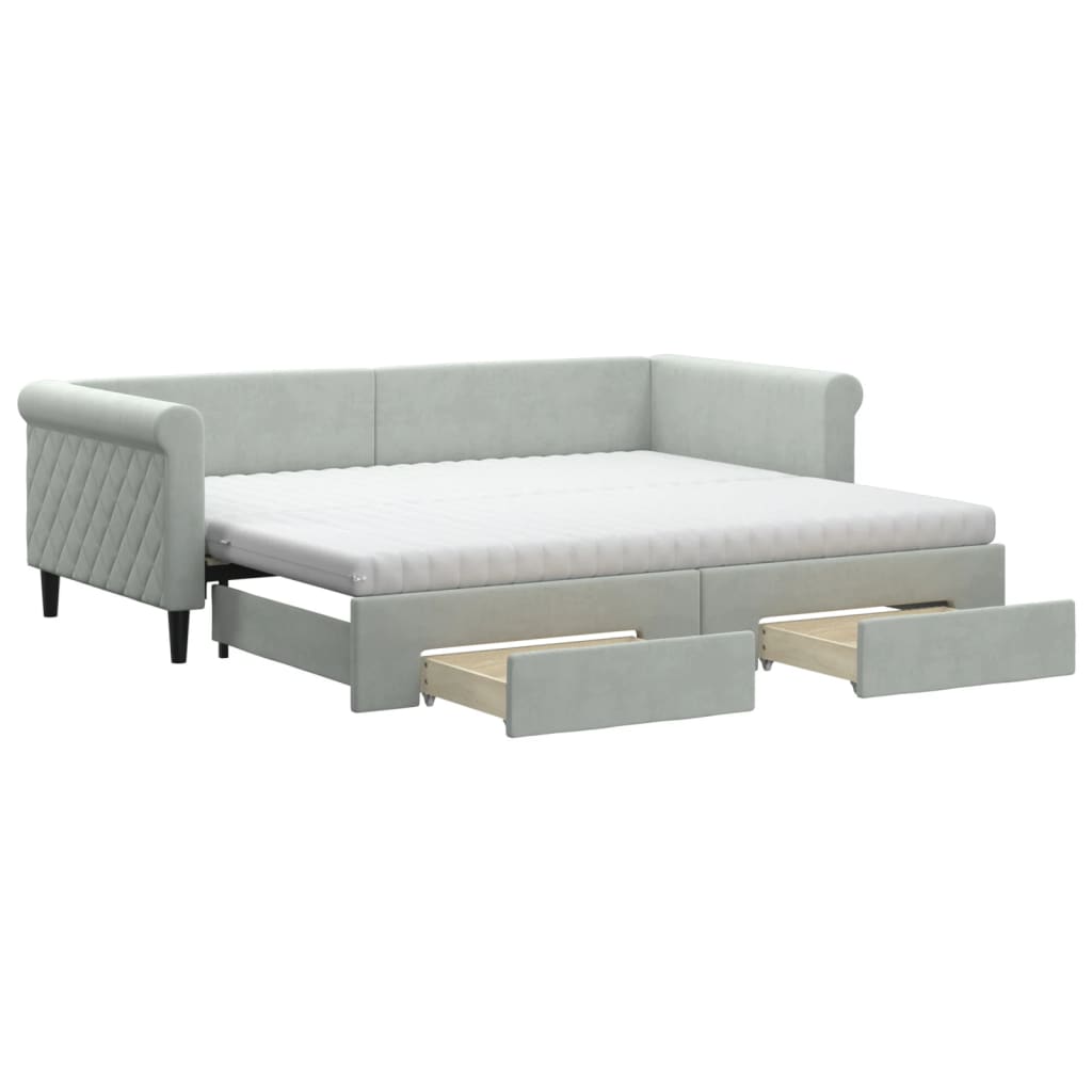 vidaXL Pat de zi cu extensie și sertare, gri deschis 90x200 cm catifea