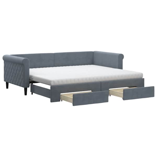 vidaXL diivanvoodi v&auml;ljat&otilde;mmatav/sahtlitega tumehall 90x200 cm, samet