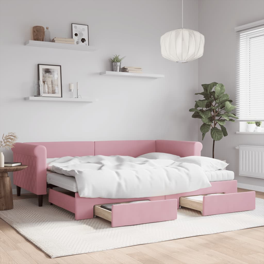 Daybed med udtræk, skuffer og madrasser 90 x 200 cm - lyserød velour