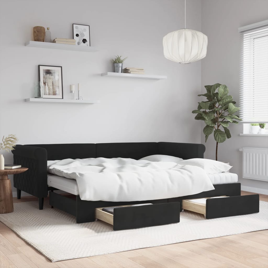 Daybed Velour Sort - med udtræk og skuffe og madras / 90 x 200 cm
