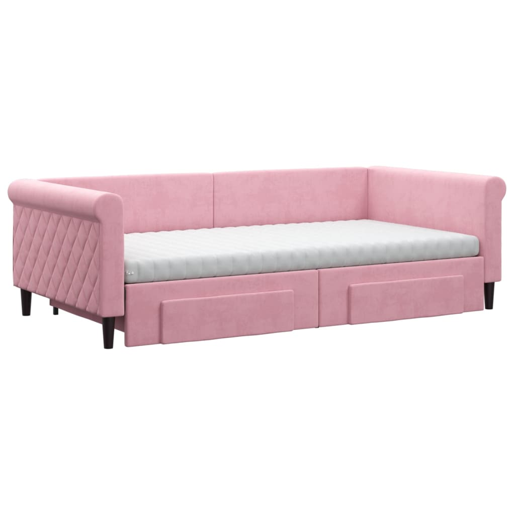 vidaXL Slaapbank met onderschuifbed en lades 100x200 cm fluweel roze afbeelding