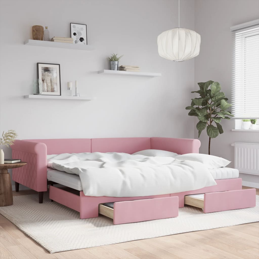Daybed med udtræk og 2 skuffer 100 x 200 cm i velour - lyserød