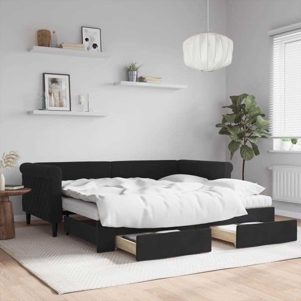 Daybed Velour Sort - med udtræk og skuffe og madras / 90 x 190 cm