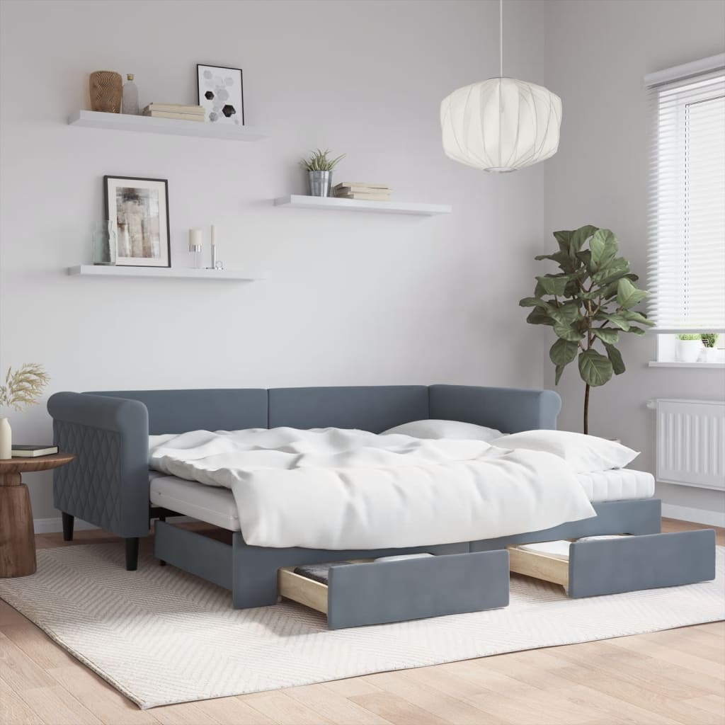 vidaXL Vuodesohva rullilla ja laatikoilla t.harmaa 90x190 cm sametti