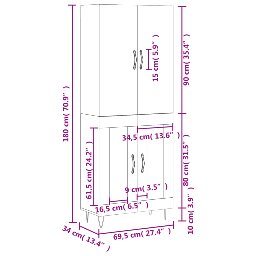 Skříň highboard kouřový dub 69,5 x 34 x 180 cm kompozitní dřevo - obrázek 13