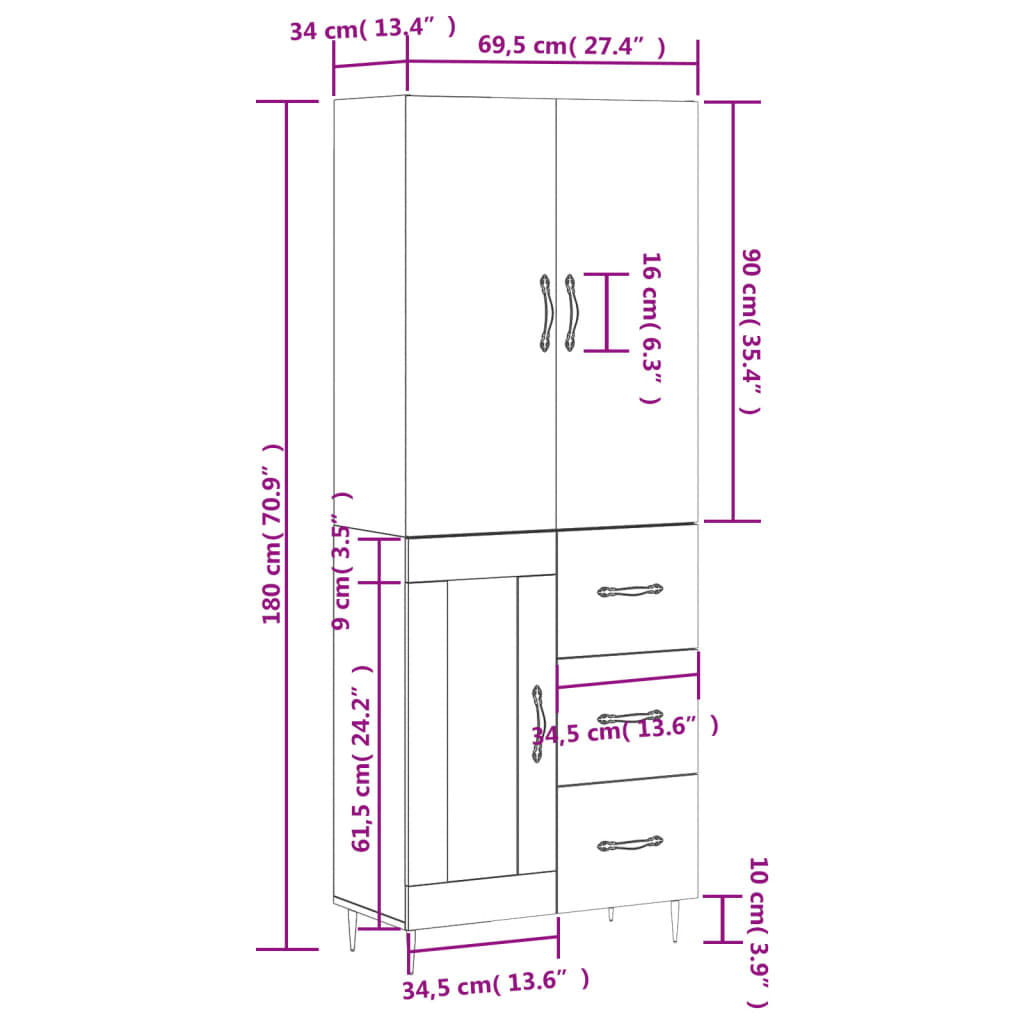 Skříň highboard bílá 69,5 x 34 x 180 cm kompozitní dřevo - obrázek 14
