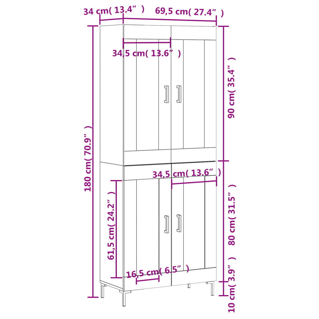 Visoka komoda siva sonoma 69,5x34x180 cm inženirski les - slika 13