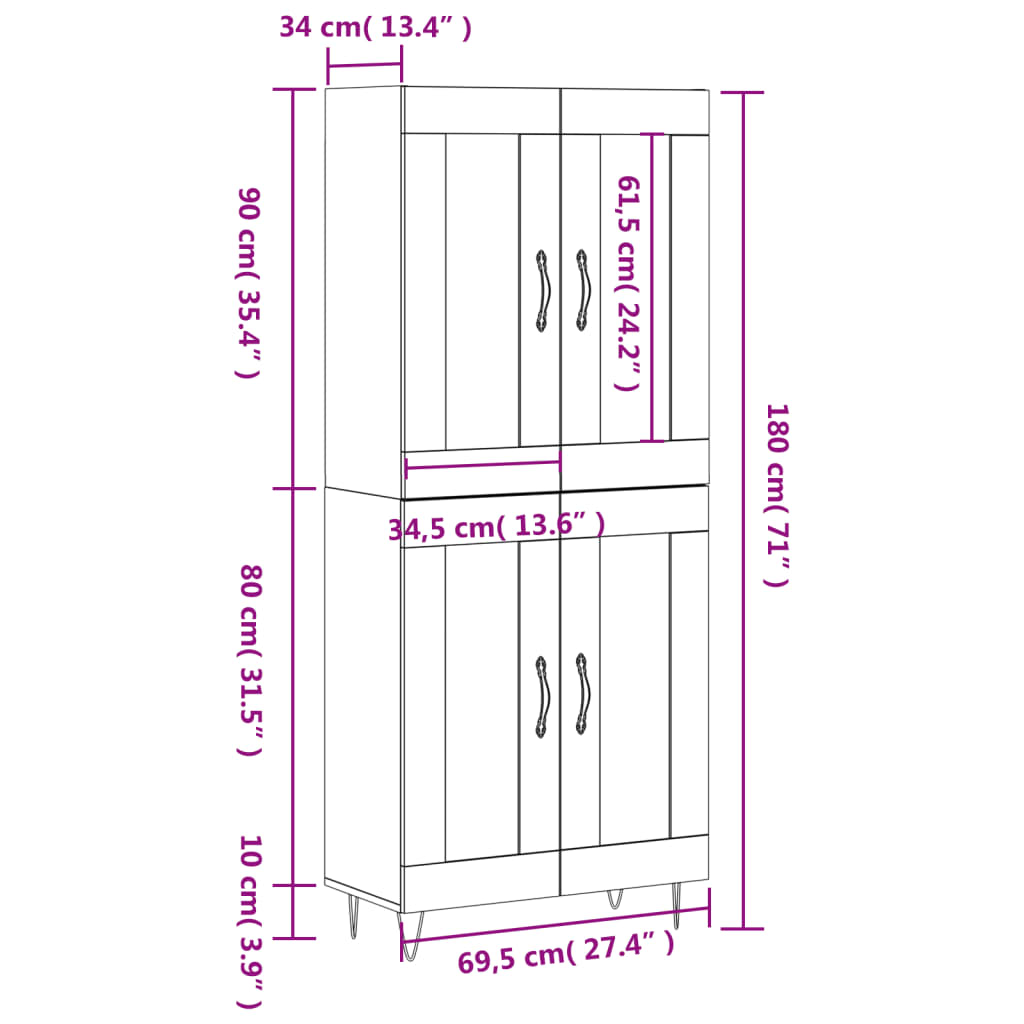 Skříň highboard kouřový dub 69,5 x 34 x 180 cm kompozitní dřevo - obrázek 13