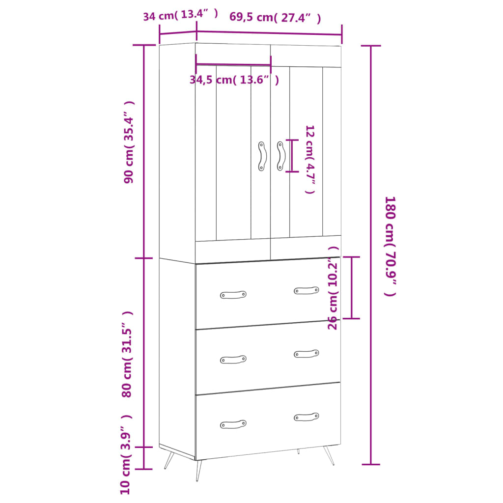 Skříň highboard bílá 69,5 x 34 x 180 cm kompozitní dřevo - obrázek 14