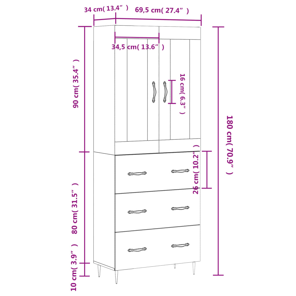 Skříň highboard šedá sonoma 69,5 x 34 x 180 cm kompozitní dřevo - obrázek 14