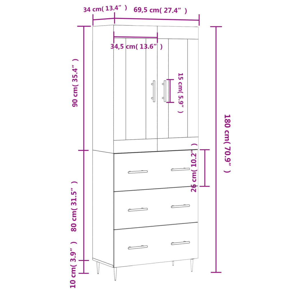 Skříň highboard šedá sonoma 69,5 x 34 x 180 cm kompozitní dřevo - obrázek 14