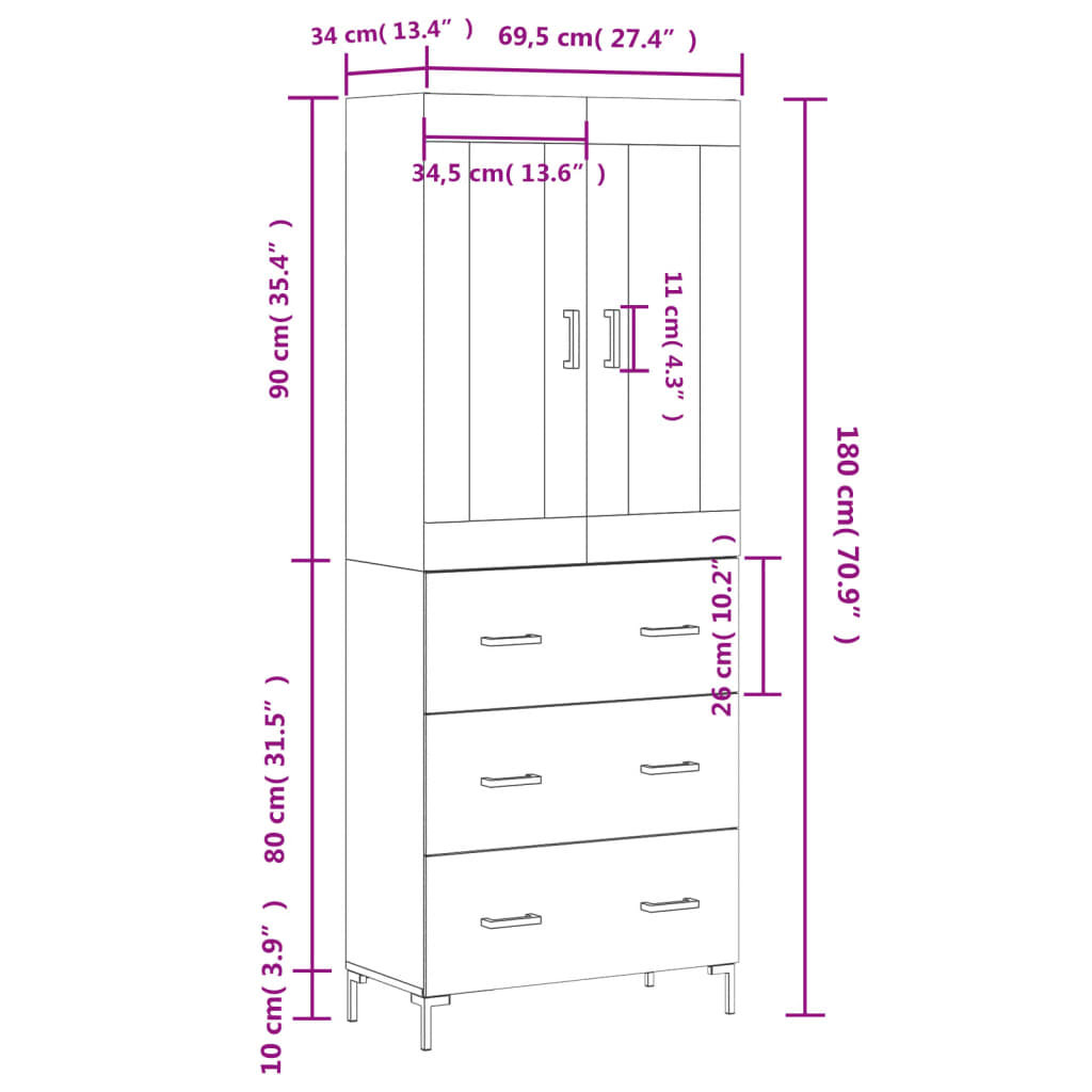 Skříň highboard šedá sonoma 69,5 x 34 x 180 cm kompozitní dřevo - obrázek 14
