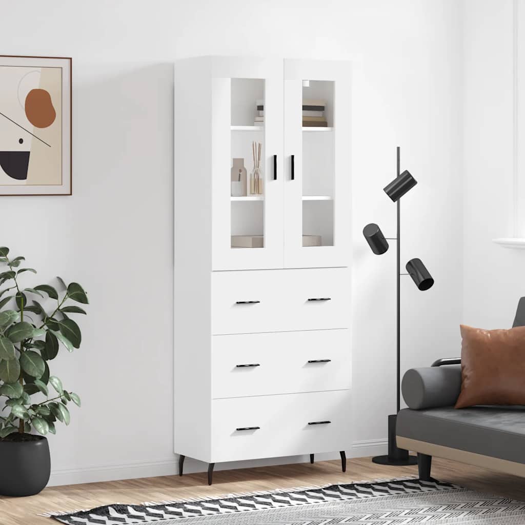 Højskab/skænk 69,5×34×180 cm i hvidt konstrueret træ med glaslåger