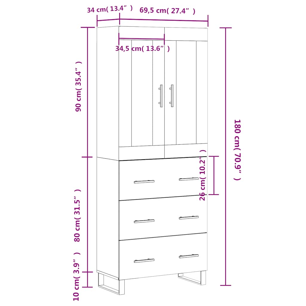 Skříň highboard bílá 69,5 x 34 x 180 cm kompozitní dřevo - obrázek 14