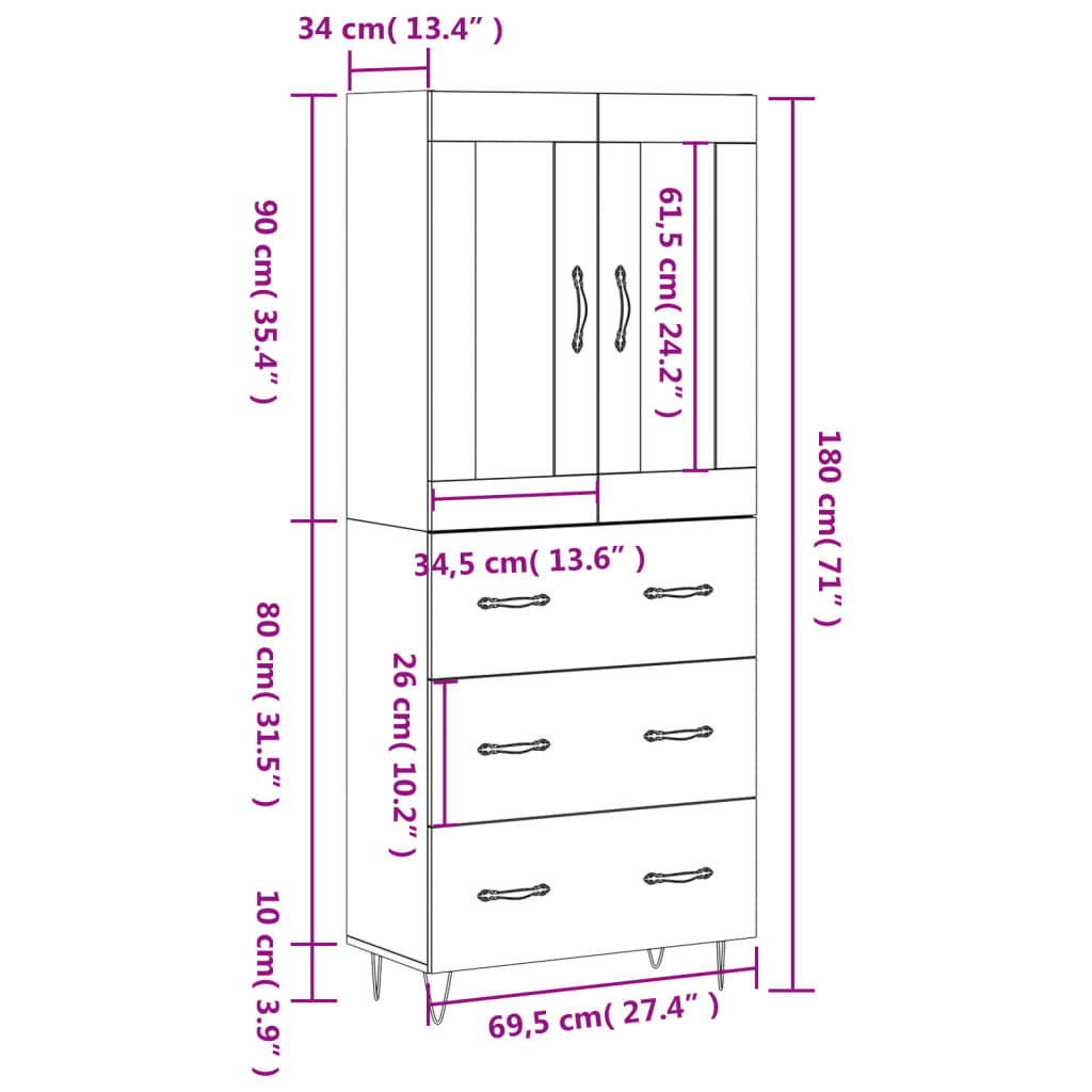 Skříň highboard kouřový dub 69,5 x 34 x 180 cm kompozitní dřevo - obrázek 14