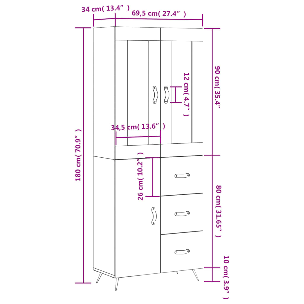 Skříň highboard bílá 69,5 x 34 x 180 cm kompozitní dřevo - obrázek 14