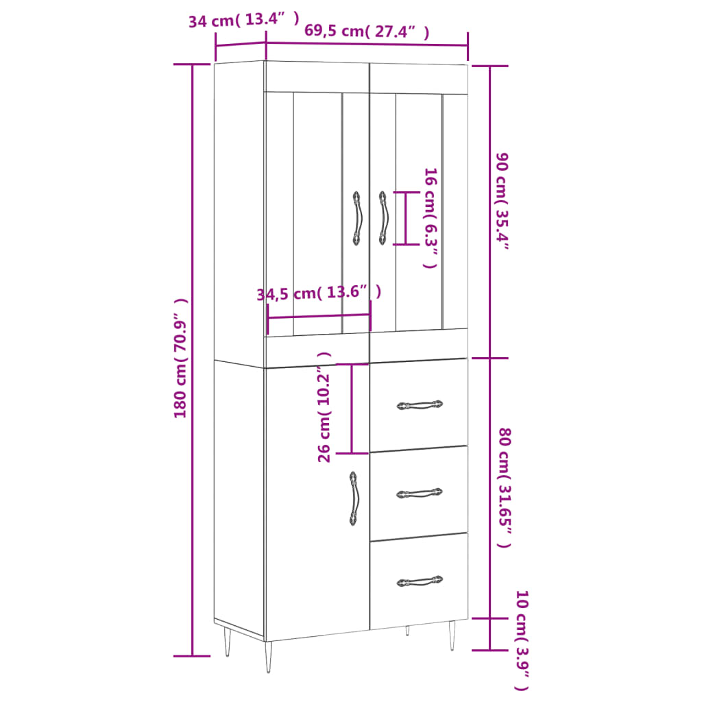 Skříň highboard šedá sonoma 69,5 x 34 x 180 cm kompozitní dřevo - obrázek 14