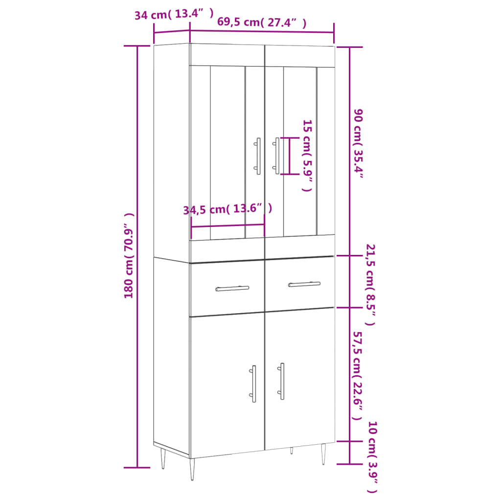Skříň highboard šedá sonoma 69,5 x 34 x 180 cm kompozitní dřevo - obrázek 14