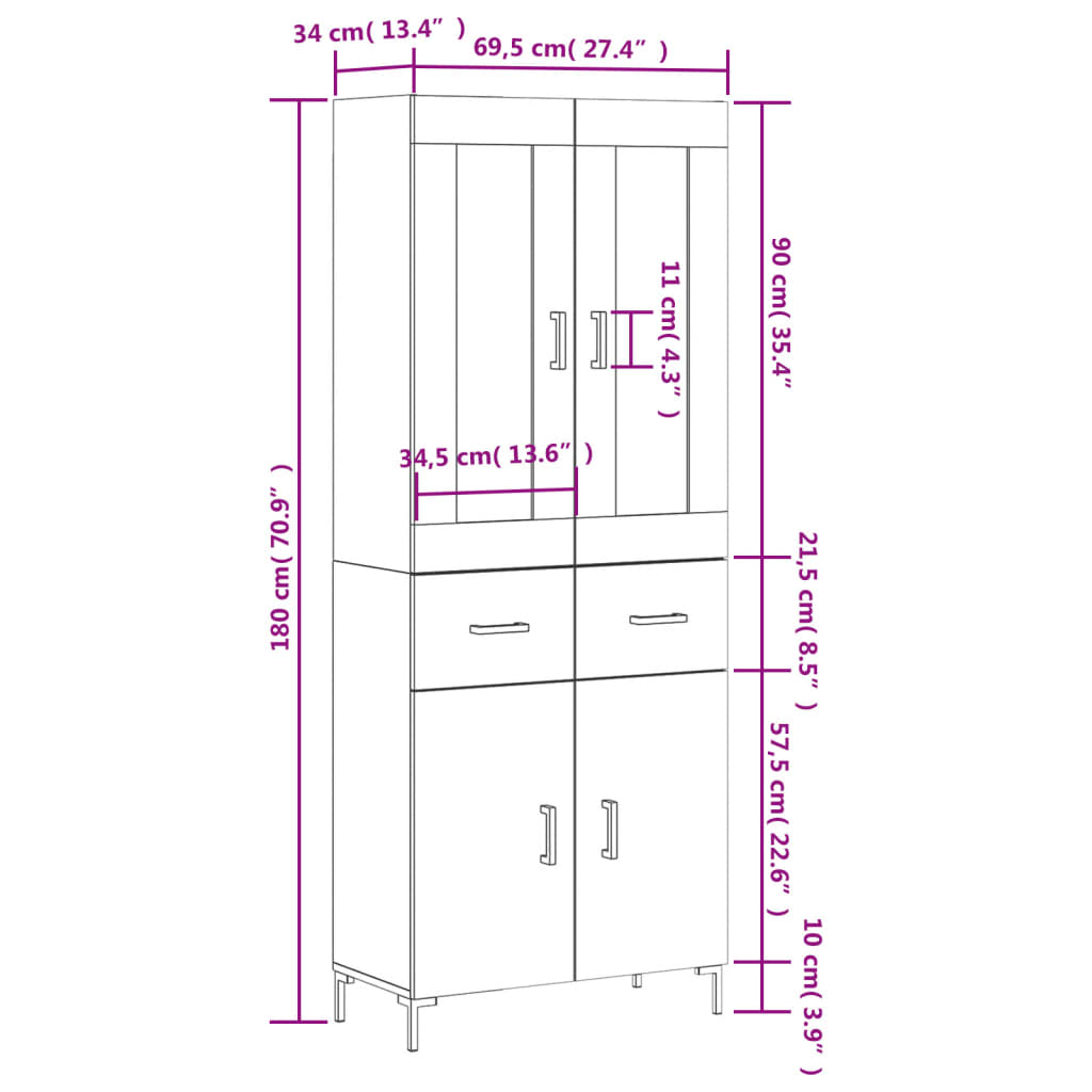 Skříň highboard bílá 69,5 x 34 x 180 cm kompozitní dřevo - obrázek 14
