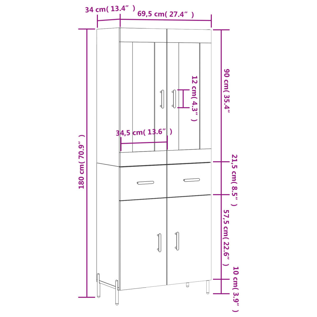 Skříň highboard bílá 69,5 x 34 x 180 cm kompozitní dřevo - obrázek 14