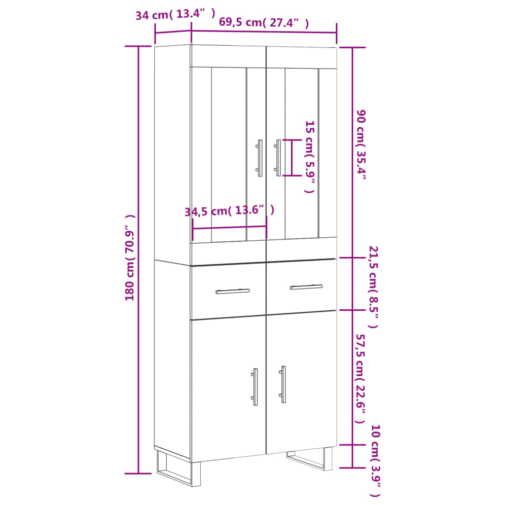 Skříň highboard bílá 69,5 x 34 x 180 cm kompozitní dřevo - obrázek 14